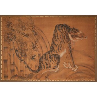 竹虎 水墨画 絹本 大幅　Z937 