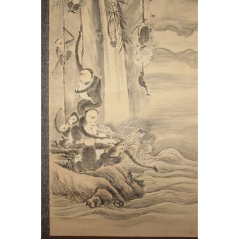 狩野探幽意 石舟筆 群猿図 紙本掛軸　Z939 