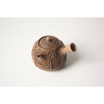 聴松園 米和亭造 竹根意 楼閣山水図 白泥急須　P647 