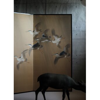 堀田秀叢 五位鷺図 屏風　Z955