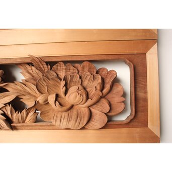 川原和夫 牡丹 木彫欄間 2枚1組　R0566 