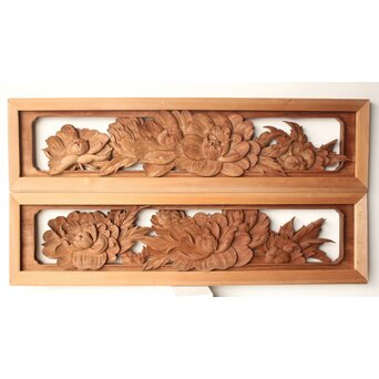 川原和夫 牡丹 木彫欄間 2枚1組　R0566 ウラ