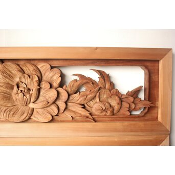 川原和夫 牡丹 木彫欄間 2枚1組　R0566 