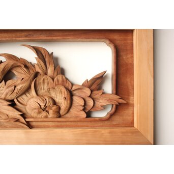 川原和夫 牡丹 木彫欄間 2枚1組　R0566 