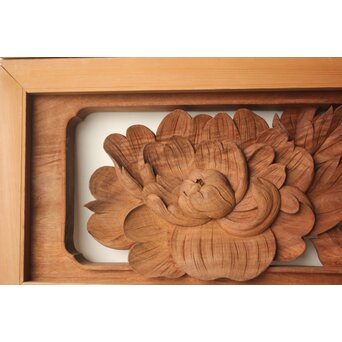 川原和夫 牡丹 木彫欄間 2枚1組　R0566 