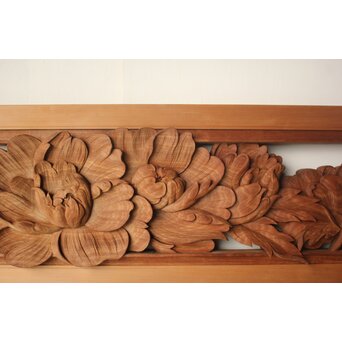 川原和夫 牡丹 木彫欄間 2枚1組　R0566 