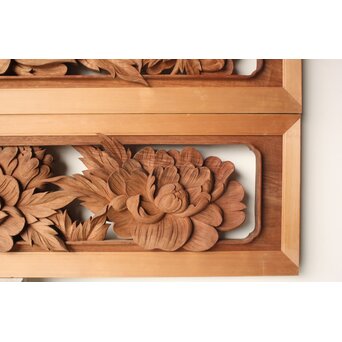 川原和夫 牡丹 木彫欄間 2枚1組　R0566 