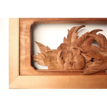 川原和夫 牡丹 木彫欄間 2枚1組　R0566 