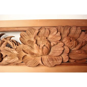 川原和夫 牡丹 木彫欄間 2枚1組　R0566 