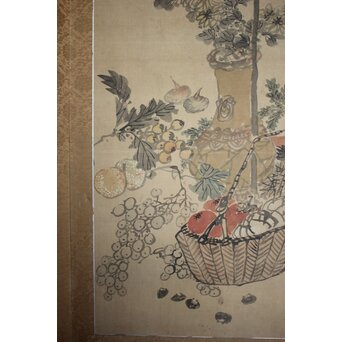 松岡環翠 花鳥果菜図 屏風　Z967 