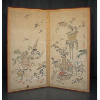 松岡環翠 花鳥果菜図 屏風　Z967
