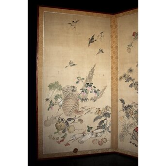 松岡環翠 花鳥果菜図 屏風　Z967 
