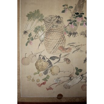 松岡環翠 花鳥果菜図 屏風　Z967 