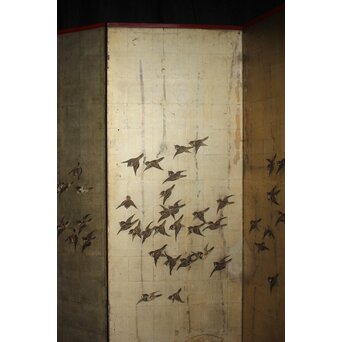 秋草に雀 銀屏風 六曲半双　Z968 