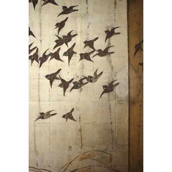 秋草に雀 銀屏風 六曲半双　Z968 