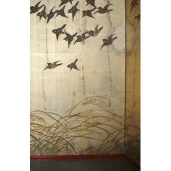 秋草に雀 銀屏風 六曲半双　Z968 