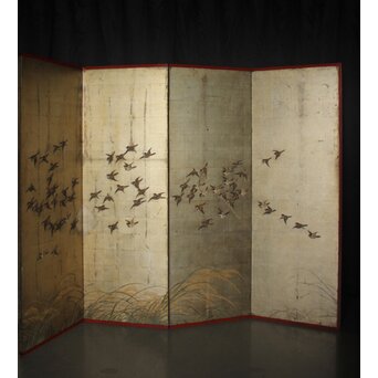 秋草に雀 銀屏風 六曲半双　Z968 
