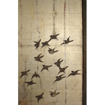 秋草に雀 銀屏風 六曲半双　Z968 