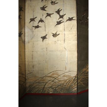 秋草に雀 銀屏風 六曲半双　Z968 