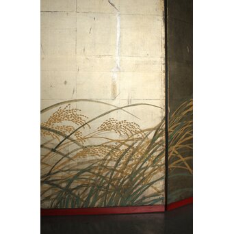 秋草に雀 銀屏風 六曲半双　Z968 