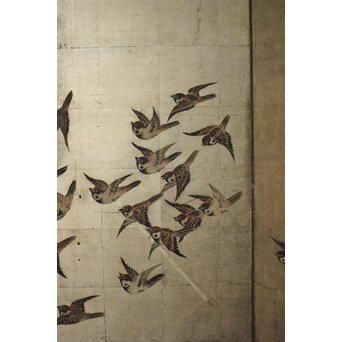 秋草に雀 銀屏風 六曲半双　Z968 