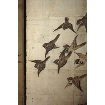 秋草に雀 銀屏風 六曲半双　Z968 