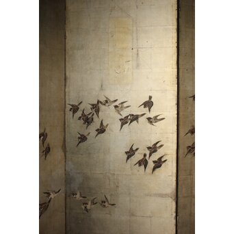 秋草に雀 銀屏風 六曲半双　Z968 