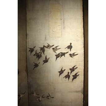 秋草に雀 銀屏風 六曲半双　Z968 