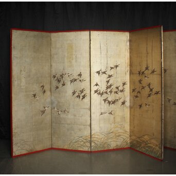 秋草に雀 銀屏風 六曲半双　Z968 