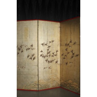 秋草に雀 銀屏風 六曲半双　Z968 