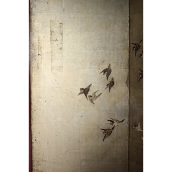 秋草に雀 銀屏風 六曲半双　Z968 