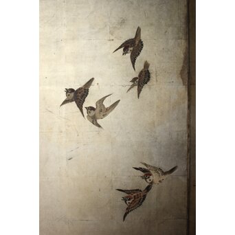 秋草に雀 銀屏風 六曲半双　Z968 