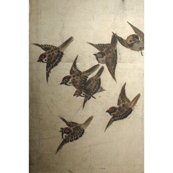 秋草に雀 銀屏風 六曲半双　Z968 