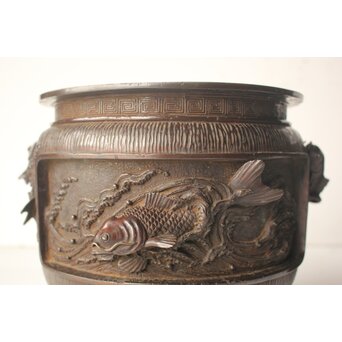 翠松亭梅や造 鋳造 鯉 銅火鉢一対　M493 