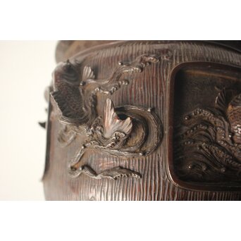 翠松亭梅や造 鋳造 鯉 銅火鉢一対　M493 