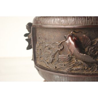 翠松亭梅や造 鋳造 鯉 銅火鉢一対　M493 