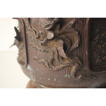 翠松亭梅や造 鋳造 鯉 銅火鉢一対　M493 