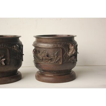 翠松亭梅や造 鋳造 鯉 銅火鉢一対　M493 