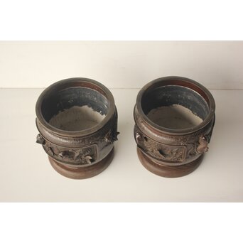 翠松亭梅や造 鋳造 鯉 銅火鉢一対　M493 