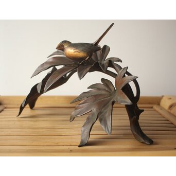 清明銘 八手文鳥 金工 置物　M494 