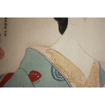 橋口五葉 紅筆を持てる女 木版画　Z980 