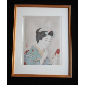 橋口五葉 紅筆を持てる女 木版画　Z980 