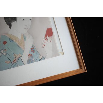 橋口五葉 紅筆を持てる女 木版画　Z980 