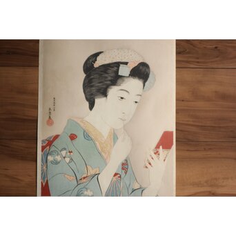 橋口五葉 紅筆を持てる女 木版画　Z980 