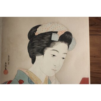 橋口五葉 紅筆を持てる女 木版画　Z980 