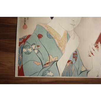 橋口五葉 紅筆を持てる女 木版画　Z980 