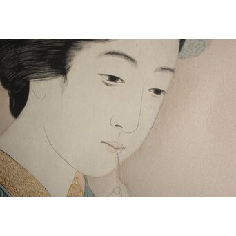 橋口五葉 紅筆を持てる女 木版画　Z980 