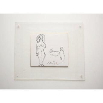 猪熊弦一郎 墨絵 裸婦と猫 色紙　Z986 