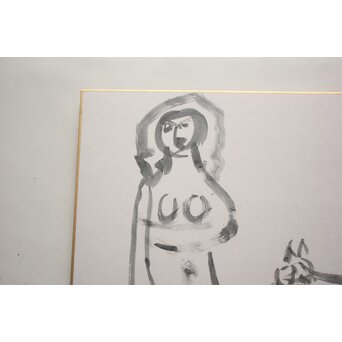 猪熊弦一郎 墨絵 裸婦と猫 色紙　Z986 