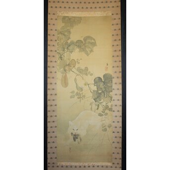 真野暁亭 藤島静邨 合作「秋草白描之図」掛軸　Z987 